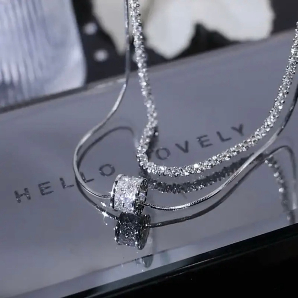 Silver Plated Layered Collar Necklace Synthetic Diamonds